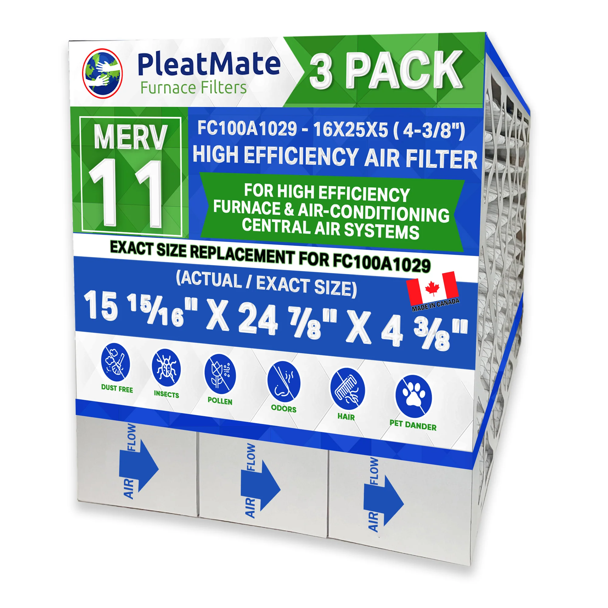 Honeywell 16x25x4 3/8 Model # FC100A1029 MERV 11. Actual Size 15 15/16" x 24 7/8" x 4 3/8." Case of 3 Made by Furnace Filters.Ca