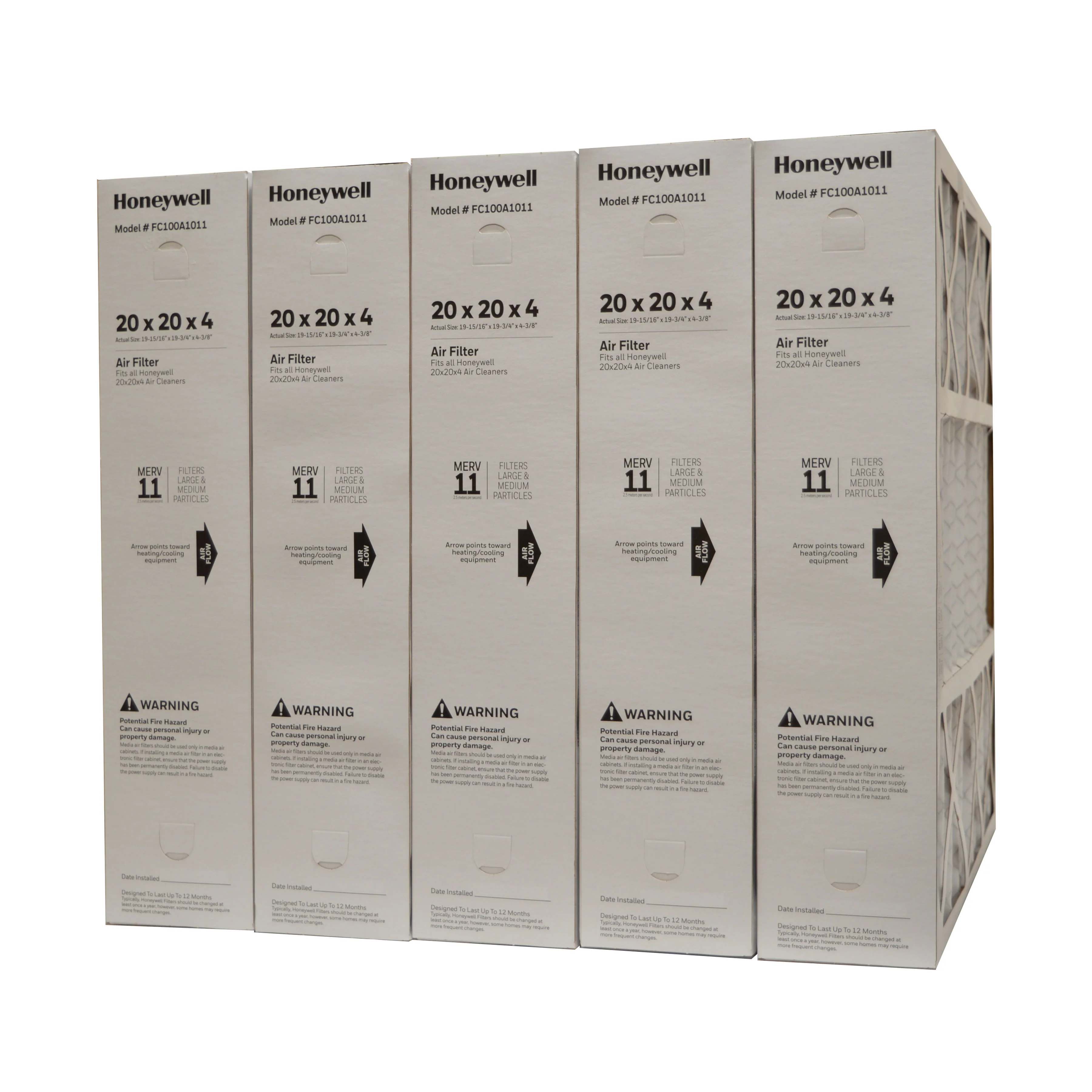 Honeywell 20x20x4 Furnace Filter Model # FC100A1011 MERV 11. Actual Size 19 15/16" x 19 3/4" x 4 3/8." Package of 5