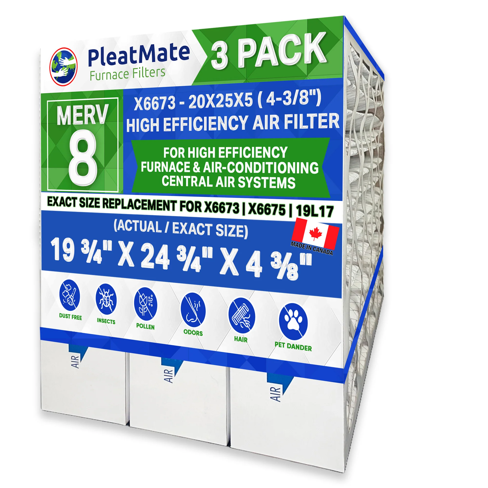Lennox X6673 20x25x5 MERV 8 Replacement. Actual Size 19 3/4" x 24 3/4" x 4 3/8." Made in Canada by Furnace Filters.Ca Pkg. of 3